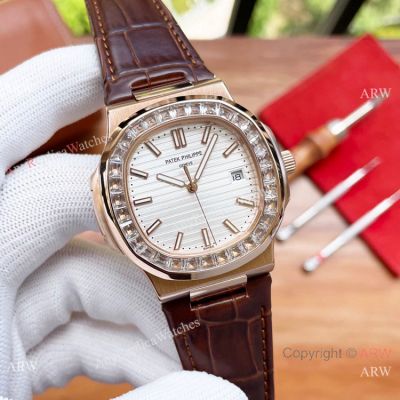 Clone Patek Philippe Geneve Nautilus Auto Watch Diamond Bezel Leather Strap